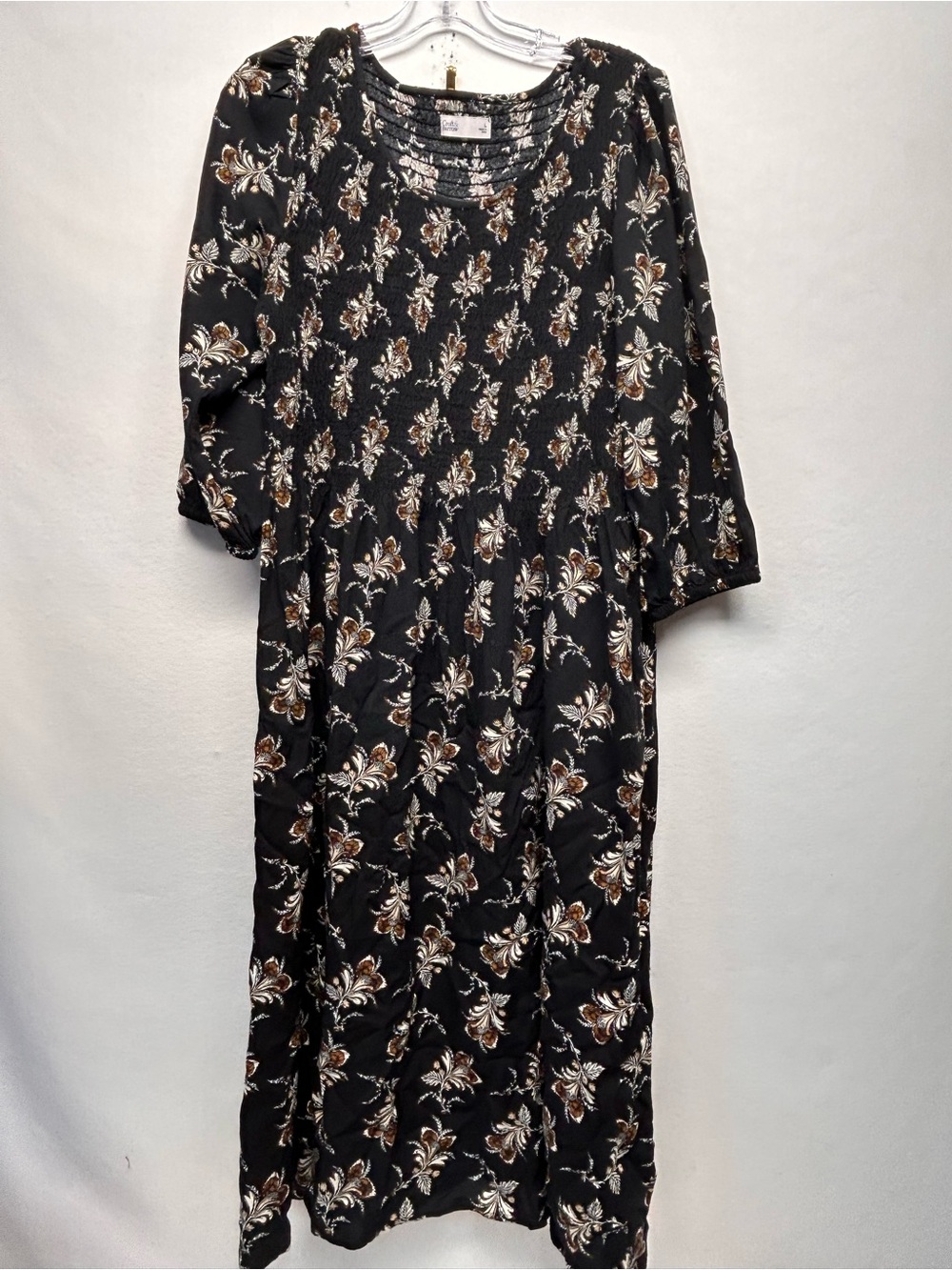 croft & barrow Black Floral Midi Dress with Brown and White Accents